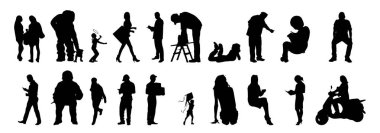 Vektör siluetleri, insanların ana hatları, Contour çizimleri, insanların siluetleri, ikon kümesi izole edilmiş, oturan insanların silueti, mimari set