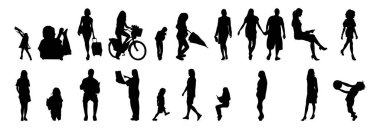 Vektör siluetleri, insanların ana hatları, Contour çizimleri, insanların siluetleri, ikon kümesi izole edilmiş, oturan insanların silueti, mimari set