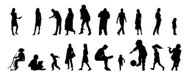 Vektör siluetleri, insanların ana hatları, Contour çizimleri, insanların siluetleri, ikon kümesi izole edilmiş, oturan insanların silueti, mimari set