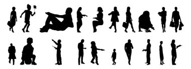 Vektör siluetleri, insanların ana hatları, Contour çizimleri, insanların siluetleri, ikon kümesi izole edilmiş, oturan insanların silueti, mimari set