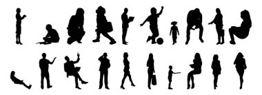 Vektör siluetleri, insanların ana hatları, Contour çizimleri, insanların siluetleri, ikon kümesi izole edilmiş, oturan insanların silueti, mimari set