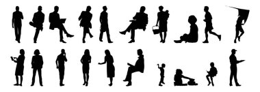 Vektör siluetleri, insanların ana hatları, Contour çizimleri, insanların siluetleri, ikon kümesi izole edilmiş, oturan insanların silueti, mimari set