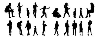 Vektör siluetleri, insanların ana hatları, Contour çizimleri, insanların siluetleri, ikon kümesi izole edilmiş, oturan insanların silueti, mimari set