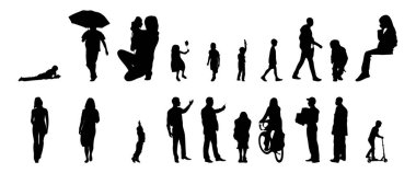 Vektör siluetleri, insanların ana hatları, Contour çizimleri, insanların siluetleri, ikon kümesi izole edilmiş, oturan insanların silueti, mimari set