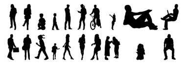 Vektör siluetleri, insanların ana hatları, Contour çizimleri, insanların siluetleri, ikon kümesi izole edilmiş, oturan insanların silueti, mimari set