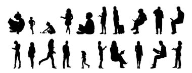 Vektör siluetleri, insanların ana hatları, Contour çizimleri, insanların siluetleri, ikon kümesi izole edilmiş, oturan insanların silueti, mimari set