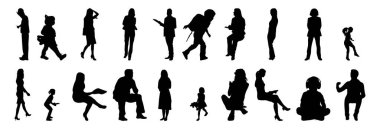 Vektör siluetleri, insanların ana hatları, Contour çizimleri, insanların siluetleri, ikon kümesi izole edilmiş, oturan insanların silueti, mimari set