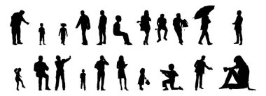 Vektör siluetleri, insanların ana hatları, Contour çizimleri, insanların siluetleri, ikon kümesi izole edilmiş, oturan insanların silueti, mimari set