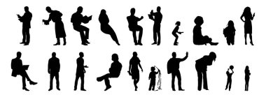 Vektör siluetleri, insanların ana hatları, Contour çizimleri, insanların siluetleri, ikon kümesi izole edilmiş, oturan insanların silueti, mimari set