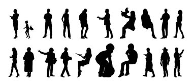 Vektör siluetleri, insanların ana hatları, Contour çizimleri, insanların siluetleri, ikon kümesi izole edilmiş, oturan insanların silueti, mimari set