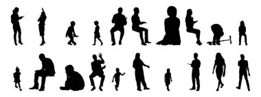 Vektör siluetleri, insanların ana hatları, Contour çizimleri, insanların siluetleri, ikon kümesi izole edilmiş, oturan insanların silueti, mimari set