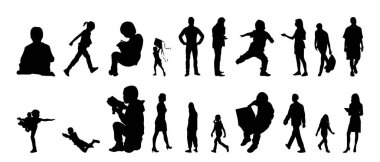 Vektör siluetleri, insanların ana hatları, Contour çizimleri, insanların siluetleri, ikon kümesi izole edilmiş, oturan insanların silueti, mimari set