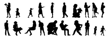 Vektör siluetleri, insanların ana hatları, Contour çizimleri, insanların siluetleri, ikon kümesi izole edilmiş, oturan insanların silueti, mimari set