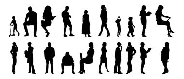 Vektör siluetleri, insanların ana hatları, Contour çizimleri, insanların siluetleri, ikon kümesi izole edilmiş, oturan insanların silueti, mimari set