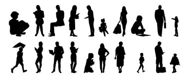 Vektör siluetleri, insanların ana hatları, Contour çizimleri, insanların siluetleri, ikon kümesi izole edilmiş, oturan insanların silueti, mimari set