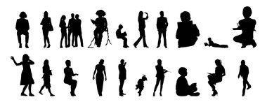 Vektör siluetleri, insanların ana hatları, Contour çizimleri, insanların siluetleri, ikon kümesi izole edilmiş, oturan insanların silueti, mimari set