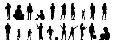 Vektör siluetleri, insanların ana hatları, Contour çizimleri, insanların siluetleri, ikon kümesi izole edilmiş, oturan insanların silueti, mimari set