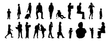 Vektör siluetleri, insanların ana hatları, Contour çizimleri, insanların siluetleri, ikon kümesi izole edilmiş, oturan insanların silueti, mimari set