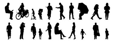 Vektör siluetleri, insanların ana hatları, Contour çizimleri, insanların siluetleri, ikon kümesi izole edilmiş, oturan insanların silueti, mimari set