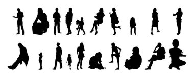 Vektör siluetleri, insanların ana hatları, Contour çizimleri, insanların siluetleri, ikon kümesi izole edilmiş, oturan insanların silueti, mimari set