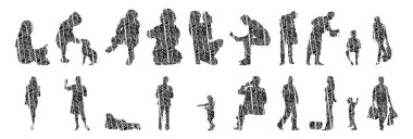 Vektör siluetleri, insanların ana hatları, Contour çizimleri, insanların siluetleri, ikon kümesi izole edilmiş, oturan insanların silueti, mimari set