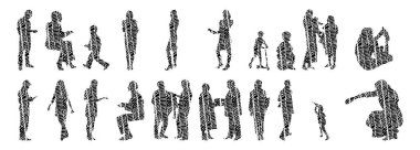 Vektör siluetleri, insanların ana hatları, Contour çizimleri, insanların siluetleri, ikon kümesi izole edilmiş, oturan insanların silueti, mimari set