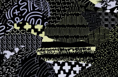 Soyut siyah darbeler, El, Vektör Deseni 'ni çizdi. Geometrik tarzda soyut arkaplan. Soyut çok renkli geometrik desen