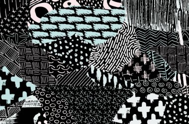 Soyut siyah darbeler, El, Vektör Deseni 'ni çizdi. Geometrik tarzda soyut arkaplan. Soyut çok renkli geometrik desen