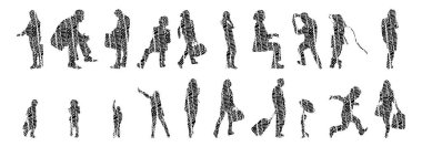 Vektör siluetleri, insanların ana hatları, Contour çizimleri, insanların siluetleri, ikon kümesi izole edilmiş, oturan insanların silueti, mimari set