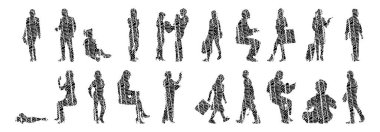 Vektör siluetleri, insanların ana hatları, Contour çizimleri, insanların siluetleri, ikon kümesi izole edilmiş, oturan insanların silueti, mimari set