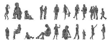 Vektör siluetleri, insanların ana hatları, Contour çizimleri, insanların siluetleri, ikon kümesi izole edilmiş, oturan insanların silueti, mimari set