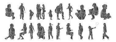 Vektör siluetleri, insanların ana hatları, Contour çizimleri, insanların siluetleri, ikon kümesi izole edilmiş, oturan insanların silueti, mimari set