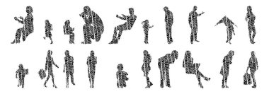 Vektör siluetleri, insanların ana hatları, Contour çizimleri, insanların siluetleri, ikon kümesi izole edilmiş, oturan insanların silueti, mimari set