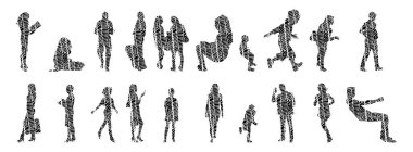 Vektör siluetleri, insanların ana hatları, Contour çizimleri, insanların siluetleri, ikon kümesi izole edilmiş, oturan insanların silueti, mimari set