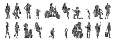 Vektör siluetleri, insanların ana hatları, Contour çizimleri, insanların siluetleri, ikon kümesi izole edilmiş, oturan insanların silueti, mimari set