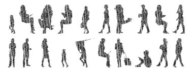 Vektör siluetleri, insanların ana hatları, Contour çizimleri, insanların siluetleri, ikon kümesi izole edilmiş, oturan insanların silueti, mimari set