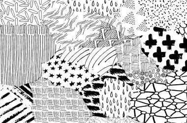 Soyut siyah konturlar, el vektör desen çizdi. Geometrik tarzı Retro soyut desen. Soyut çok renkli geometrik desen.