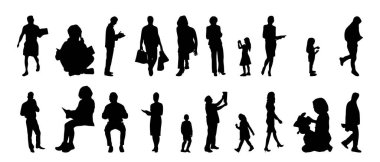 Vektör siluetleri, insanların ana hatları, Contour çizimleri, insanların siluetleri, ikon kümesi izole edilmiş, oturan insanların silueti, mimari set