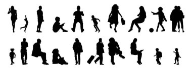 Vektör siluetleri, insanların ana hatları, Contour çizimleri, insanların siluetleri, ikon kümesi izole edilmiş, oturan insanların silueti, mimari set