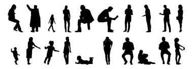 Vektör siluetleri, insanların ana hatları, Contour çizimleri, insanların siluetleri, ikon kümesi izole edilmiş, oturan insanların silueti, mimari set