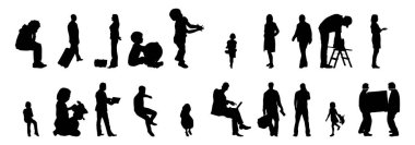 Vektör siluetleri, insanların ana hatları, Contour çizimleri, insanların siluetleri, ikon kümesi izole edilmiş, oturan insanların silueti, mimari set