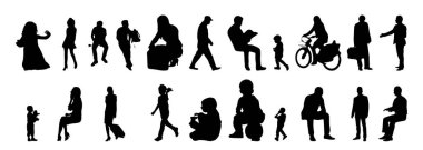 Vektör siluetleri, insanların ana hatları, Contour çizimleri, insanların siluetleri, ikon kümesi izole edilmiş, oturan insanların silueti, mimari set