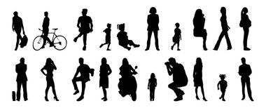 Vektör siluetleri, insanların ana hatları, Contour çizimleri, insanların siluetleri, ikon kümesi izole edilmiş, oturan insanların silueti, mimari set