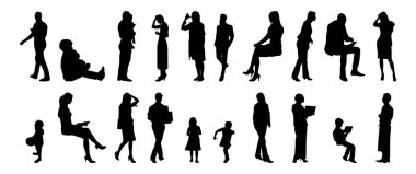Vektör siluetleri, insanların ana hatları, Contour çizimleri, insanların siluetleri, ikon kümesi izole edilmiş, oturan insanların silueti, mimari set