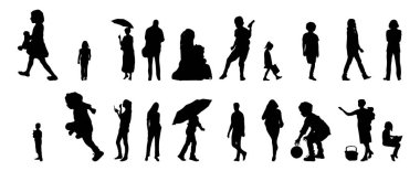 Vektör siluetleri, insanların ana hatları, Contour çizimleri, insanların siluetleri, ikon kümesi izole edilmiş, oturan insanların silueti, mimari set