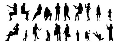 Vektör siluetleri, insanların ana hatları, Contour çizimleri, insanların siluetleri, ikon kümesi izole edilmiş, oturan insanların silueti, mimari set