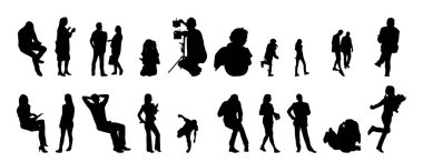 Vektör siluetleri, insanların ana hatları, Contour çizimleri, insanların siluetleri, ikon kümesi izole edilmiş, oturan insanların silueti, mimari set