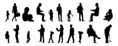 Vektör siluetleri, insanların ana hatları, Contour çizimleri, insanların siluetleri, ikon kümesi izole edilmiş, oturan insanların silueti, mimari set
