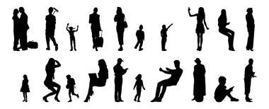 Vektör siluetleri, insanların ana hatları, Contour çizimleri, insanların siluetleri, ikon kümesi izole edilmiş, oturan insanların silueti, mimari set