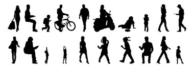 Vektör siluetleri, insanların ana hatları, Contour çizimleri, insanların siluetleri, ikon kümesi izole edilmiş, oturan insanların silueti, mimari set